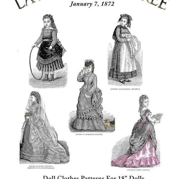 18in 1872 La Mode Illustree Pattern Book  Antique French Fashion Dolls with Ball Gown- Digital Download