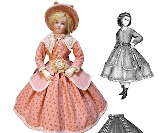 1866 Dress Dress w/Removable Peplum - 2 Variations - Doll Clothes Pattern - 15" Resin Repro Doll Body