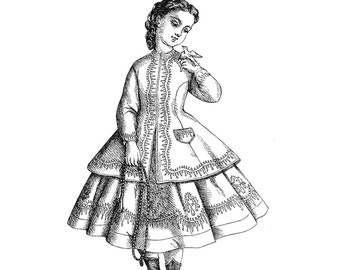 May include: An illustration from "La Mode Illustree" magazine, dated May 20, 1866, featuring a detailed drawing of a girl in a Paletot jacket and skirt with soutache design. The image includes text about doll bodies.
