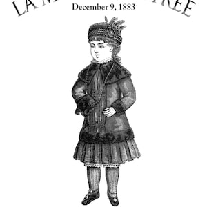 May include: Black and white illustration of a doll wearing a dress, capelet, muff, and toque. The doll is 16 inches (40 cm) tall. The illustration is from La Mode Illustree, December 9, 1883. Doll Ensemble Dress, Capelet, Muff, & Toque by Val Hays.