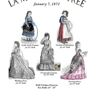 21-25in 1872 La Mode Illustrée Pattern Book Antique French Fashion Dolls - Ball Gown