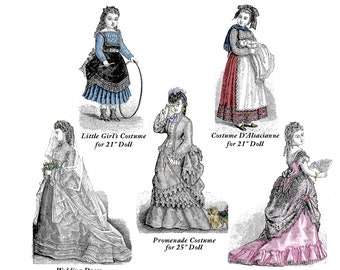 21-25in 1872 La Mode Illustrée Pattern Book Antique French Fashion Dolls - Ball Gown