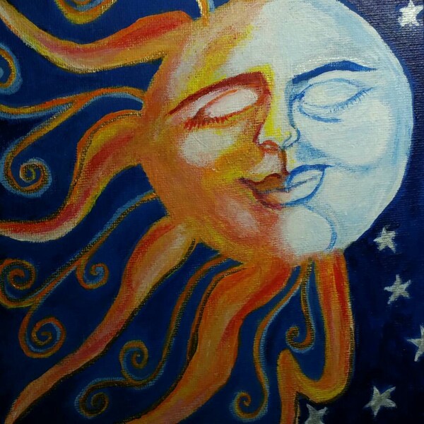 Hand-painted Moon and Sun. Acrylic paint on thin canvas 8 by 10