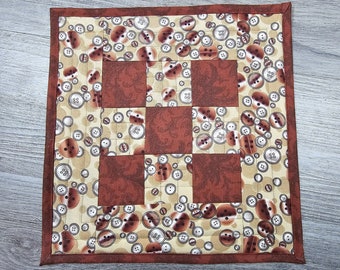 Mug Rug Mat or Candle Mat with Button Designed Fabric, 10.25" x 10.25", Handmade, Quilted