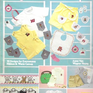 May include: A vintage magazine cover featuring children's clothing designs. The cover showcases various embroidered baby clothes, including a white t-shirt, yellow shorts, and a bib. The text reads "Designs for Little People."