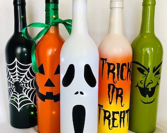 Halloween Decor. Halloween Lights. Wine Bottle Lights. Lighted Halloween Wine Bottles.