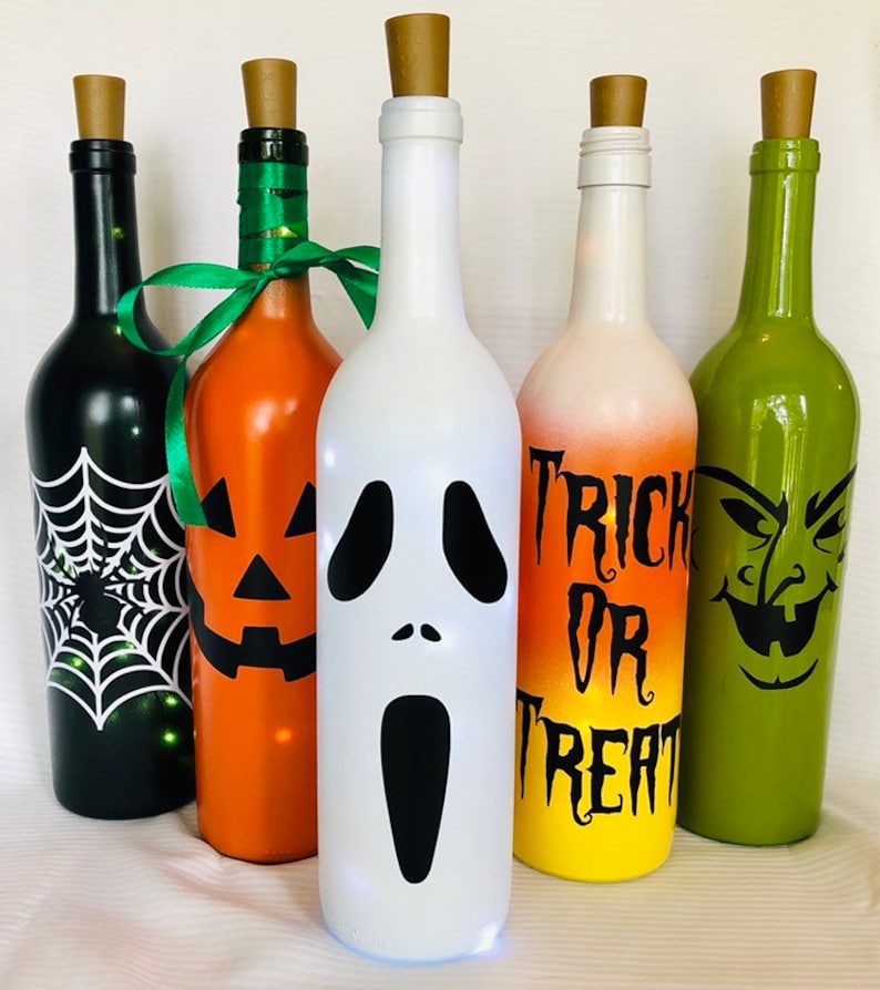 Halloween Decor. Halloween Lights. Wine Bottle Lights. Lighted Halloween Wine Bottles. Whole Set