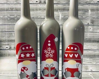 Christmas Decor. Christmas Lights. Wine Bottle Lights. Christmas Gnomes. Gnome Decor. Bottle Lights.