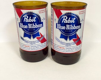 Pabst Blue Ribbon Beer Bottle Tumbler Drinking Glasses. Man Cave. Recycled Glassware.