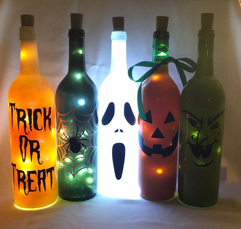 Halloween Decor. Halloween Lights. Wine Bottle Lights. Lighted Halloween Wine Bottles. image 4