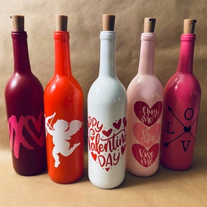 Valentines Decor. Valentines Lights. Wine Bottle Lights. Lighted Valentine Wine Bottles.