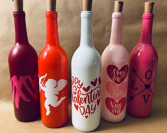 Valentines Decor. Valentines Lights. Wine Bottle Lights. Lighted Valentine Wine Bottles.