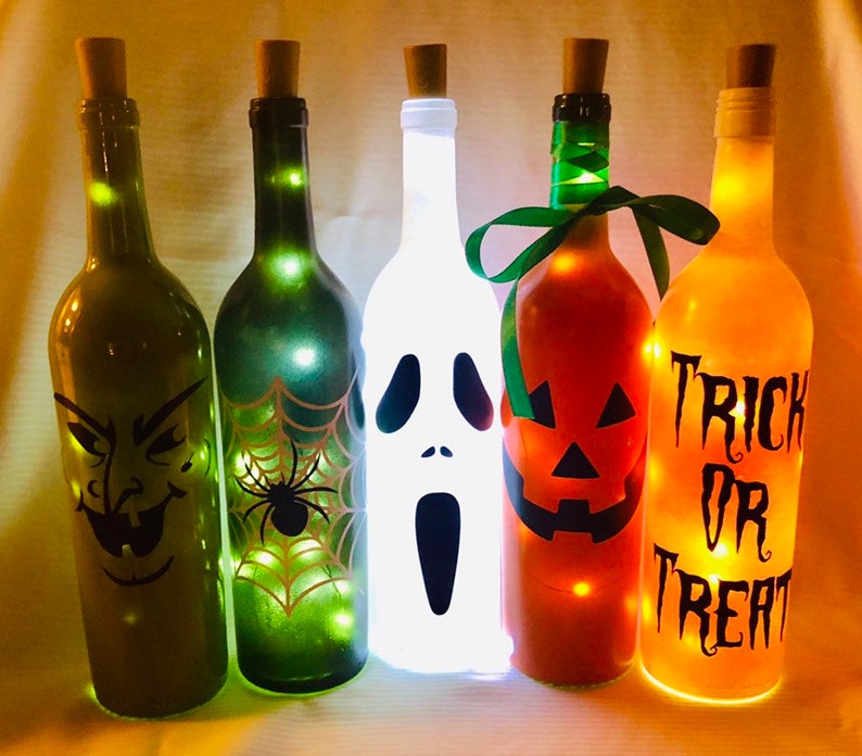 Halloween Decor. Halloween Lights. Wine Bottle Lights. Lighted Halloween Wine Bottles. image 2