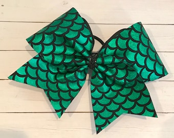 Cheer Bow - Green and Black Mermaid Scales