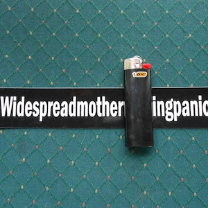 May include: Black and white sticker with the text "Widespreadmotherf*ingpanic!!" on a green patterned surface with a black Bic lighter.