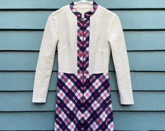 Vintage 60s Red White and Blue Plaid School Girl Campus Dress  - XS to Small