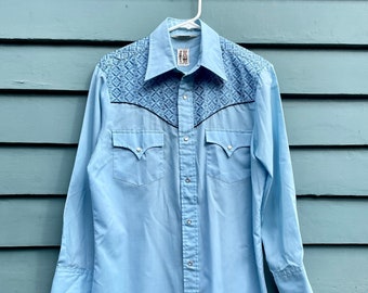 Vintage 1950s Blue Western Pearl Button Shirt - Medium