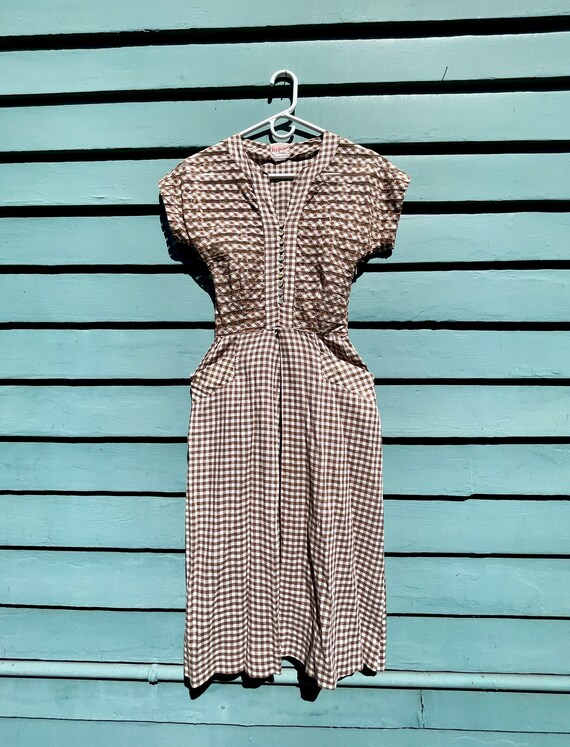 Vintage 1940s Brown Gingham Dress XS - image 4