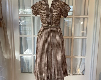 Vintage 1940s Brown Gingham Dress XS