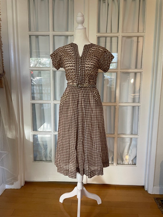 Vintage 1940s Brown Gingham Dress XS - image 1