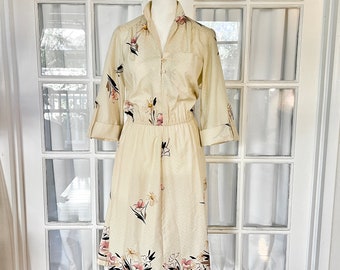 70s Ivory Floral Dress - Novelty Print Dress - Korean Mandarin Neck - Garden Day Dress - Boho Bohemian - Spring Summer Fall Dress XS S