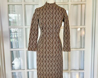 1960s Mod High Collar Brown and Beige Wiggle Bodycon Cocktail Dress - Small