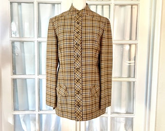 1960s Vintage Gogo Mini Dress/Blazer Plaid Tan Caramel Latte ILGWU USA Union Made Suit Coat Jacket Business Mod