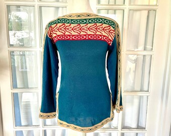 Vintage South American Boho Geometric Blue Sweater - small
