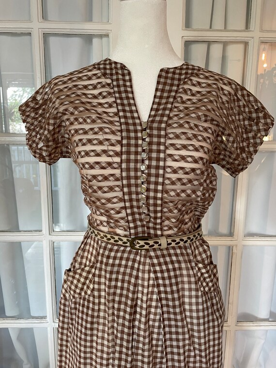 Vintage 1940s Brown Gingham Dress XS - image 2