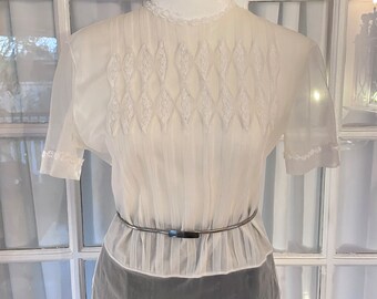 1950s Vintage White Vintage Ivory Pintucked & Sheer Panel Blouse Small