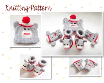 Knitting Pattern Sock Monkey Beanie Booties Mittens Pattern Bundle Animal Hat Character Hat Novelty Hat