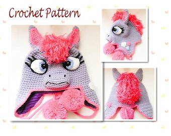 Crochet Pattern Pony Animal Hat Horse Hat earflap beanie animal hat horse character hat novelty hat