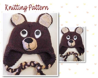 Knitting Pattern Teddy Bear Hat Animal Hat Character Hat Earflap Beanie Novelty Hat