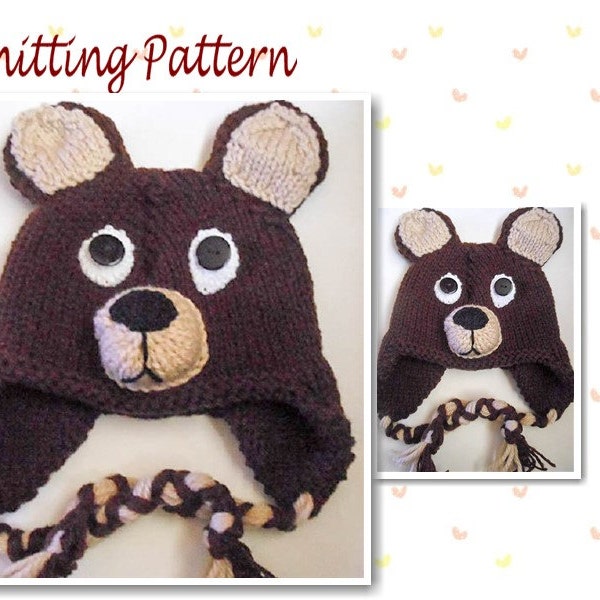 Knitting Pattern Teddy Bear Hat Animal Hat Character Hat Earflap Beanie Novelty Hat
