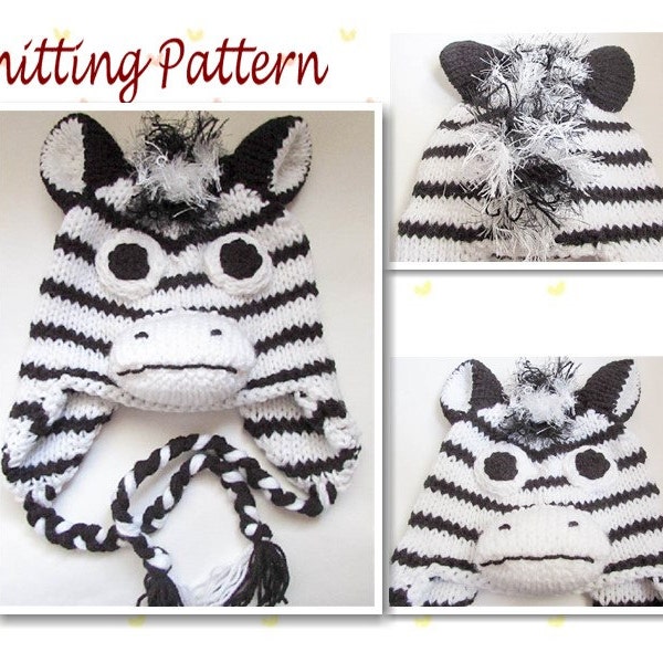 Knitting Pattern Zebra Hat Horse Hat Character Hat Animal Hat Beanie Hat Novelty Hat