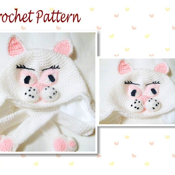 Crochet Pattern Cat Animal Hat earflap beanie character animal Cats Victoria novelty hat