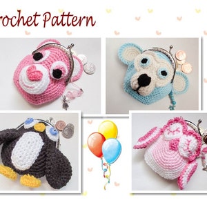 Crochet Pattern Bear Monkey Penguin Owl Animal Coin Purse Novelty Purse Character Purse Crochet Pattern Bundle