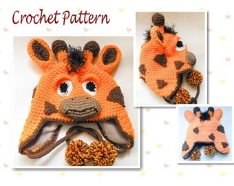 Crochet Pattern Giraffe Animal Hat character hat novelty hat earflap beanie hat