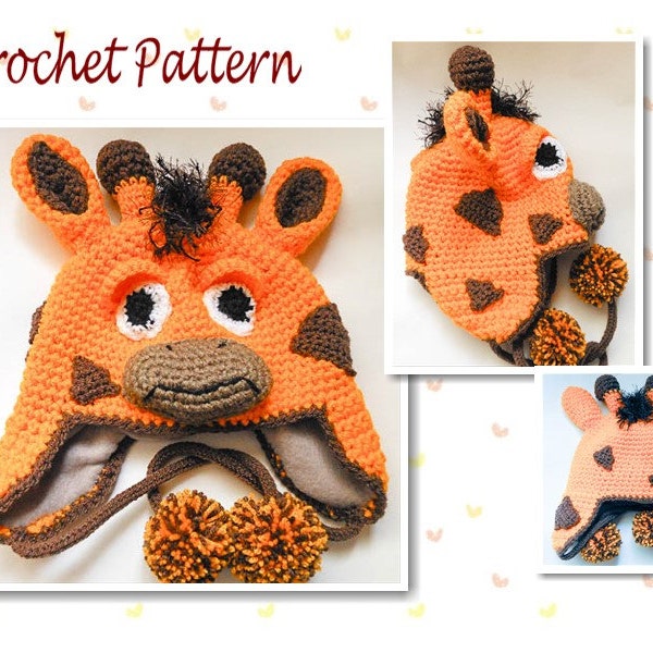 Crochet Pattern Giraffe Animal Hat character hat novelty hat earflap beanie hat