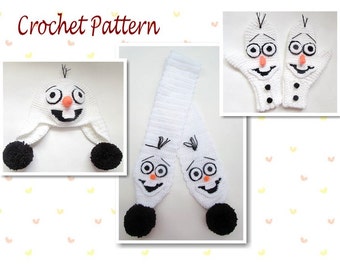 Crochet Pattern Snowman Hat Mittens and Scarf Crochet Pattern Bundle Character Hat Novelty Hat Animal Hat