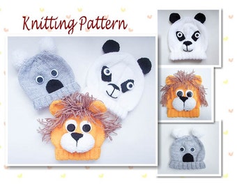 Knitting Pattern Panda Bear Koala Lion Animal Baby Beanie Hats Animal Hat Character Hat Novelty Hat Pattern Bundle Digital Download