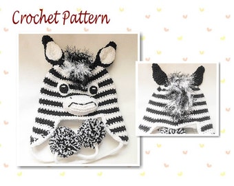 Crochet Pattern Zebra Hat animal hat character hat horse hat novelty hat earflap hat beanie hat