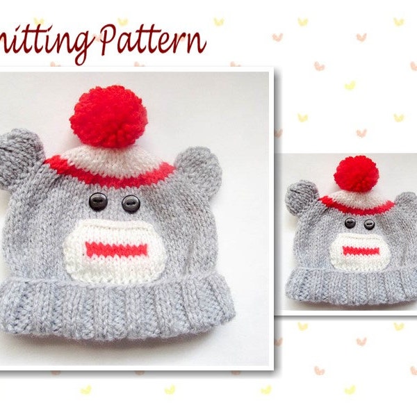 Knitting Pattern Sock Monkey Beanie Baby Beanie Hat Baby Hat Monkey Novelty Hat Character Hat