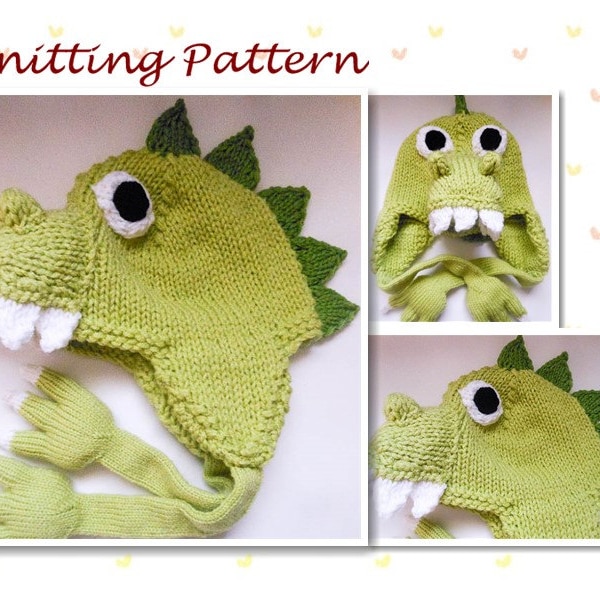 Knitting Pattern Animal Hat  Dinosaur Hat Dragon Hat earflap hat beanie hat character hat novelty hat