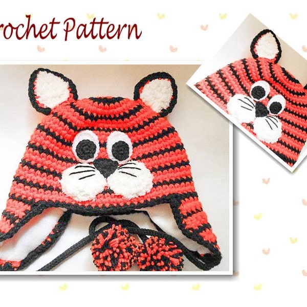 Crochet Pattern Tiger Hat Cat Hat animal character hat novelty hat earflap beanie