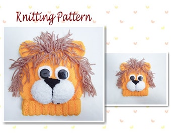 Knitting Pattern  Lion Hat Lion Baby Beanie Hat Animal Hat Character Hat Novelty Hat Beanie Hat Baby Hat