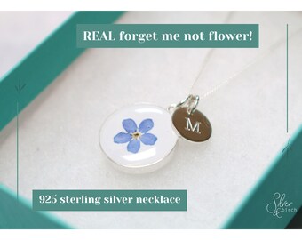 Sterling silver necklace with real forget me not flower gifts personalised something blue mothers day birthday pendant keepsake valentines