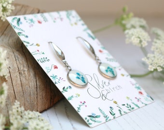 White dangle earrings with real teal Queen Anne's Lace flower nickel free gift for her under 20 anniversary jewellery mothers day