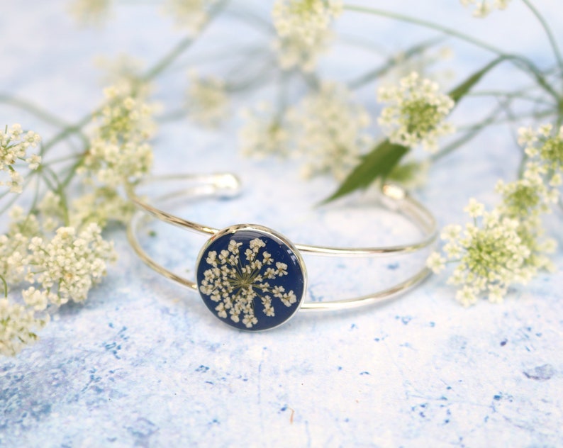 NEW Silver bangle bracelet navy blue white flower mom gift mothers day wife birthday present floral jewellery Christmas anniversary image 3