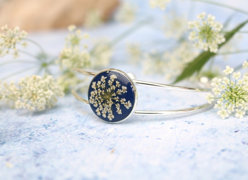 NEW Silver bangle bracelet navy blue white flower mom gift mothers day wife birthday present floral jewellery Christmas anniversary image 1